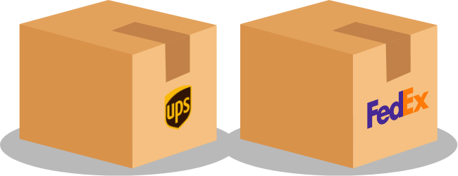 Illustrations of FedEx and UPS boxes