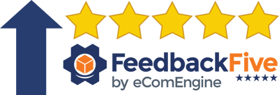 FeedbackFive logo with 5 stars and an arrow pointing upward