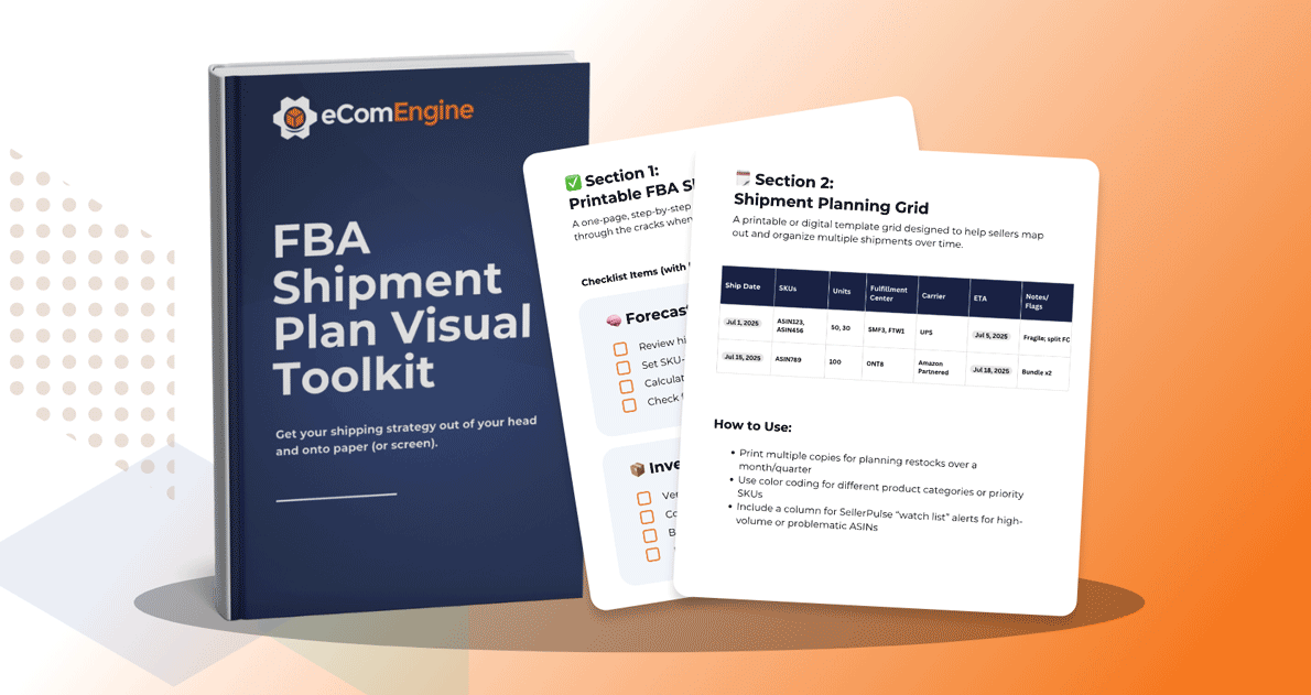 Free FBA Shipment Plan Visual Toolkit eBook cover with checklist and planning grid preview for Amazon sellers.