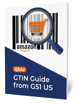 Magnifying glass viewing shopping cart over Amazon barcode with text, "GTIN guide from GS1 US"
