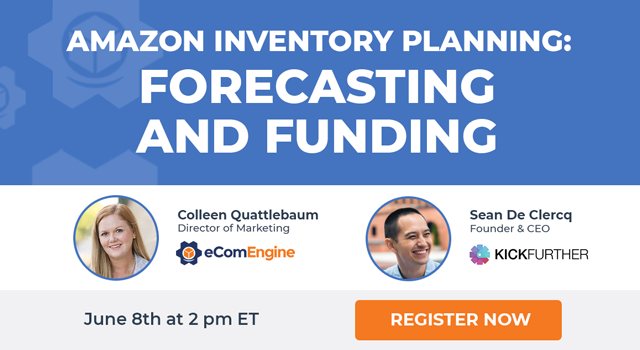 Photos of presenters with text, "Amazon inventory planning: Forecasting and funding"