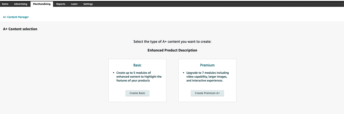 A+ Content Manager content selection window in Seller Central