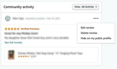Edit, delete, or hide a review dropdown on desktop view of an Amazon reviewer profile