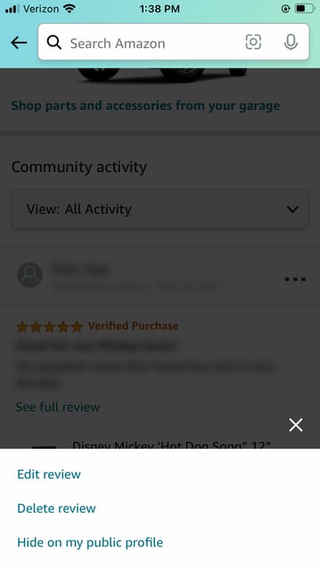 Edit, delete, or hide a review dropdown on mobile view of an Amazon reviewer profile