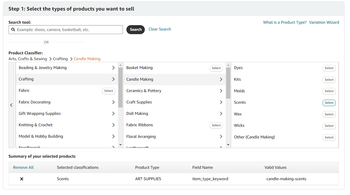 Product classifier window in the Add Products via Upload tool in Amazon Seller Central