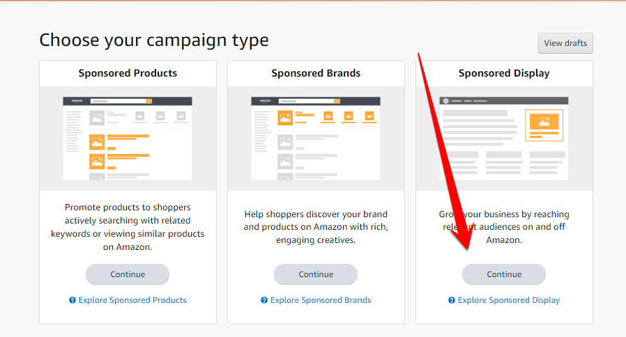 Choose your campaign type window in the Amazon Advertising console