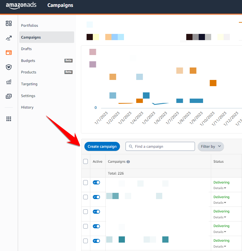 Create campaign button in the Amazon Advertising console