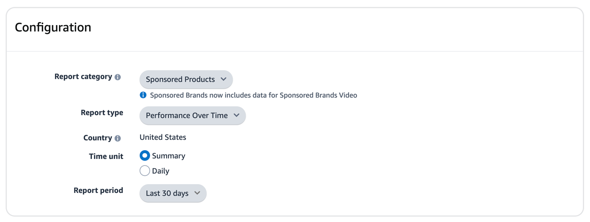 Configuration window for running Amazon advertising reports