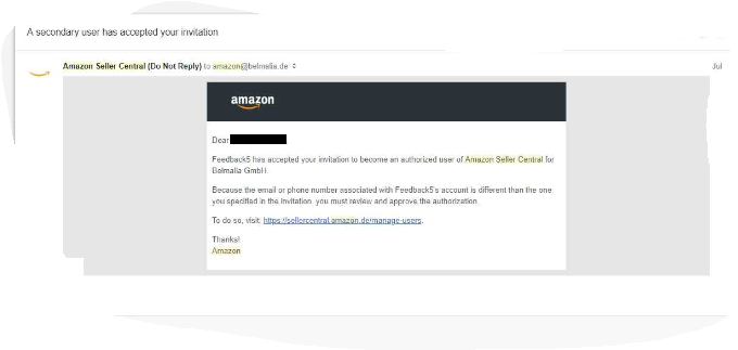 Amazon approve authorization email for adding a new Seller Central user