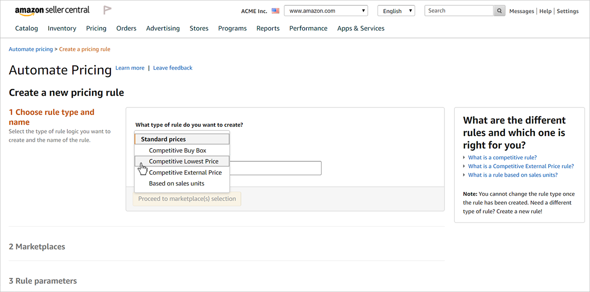 Screenshot of create a new pricing rule page in Amazon Automate Pricing