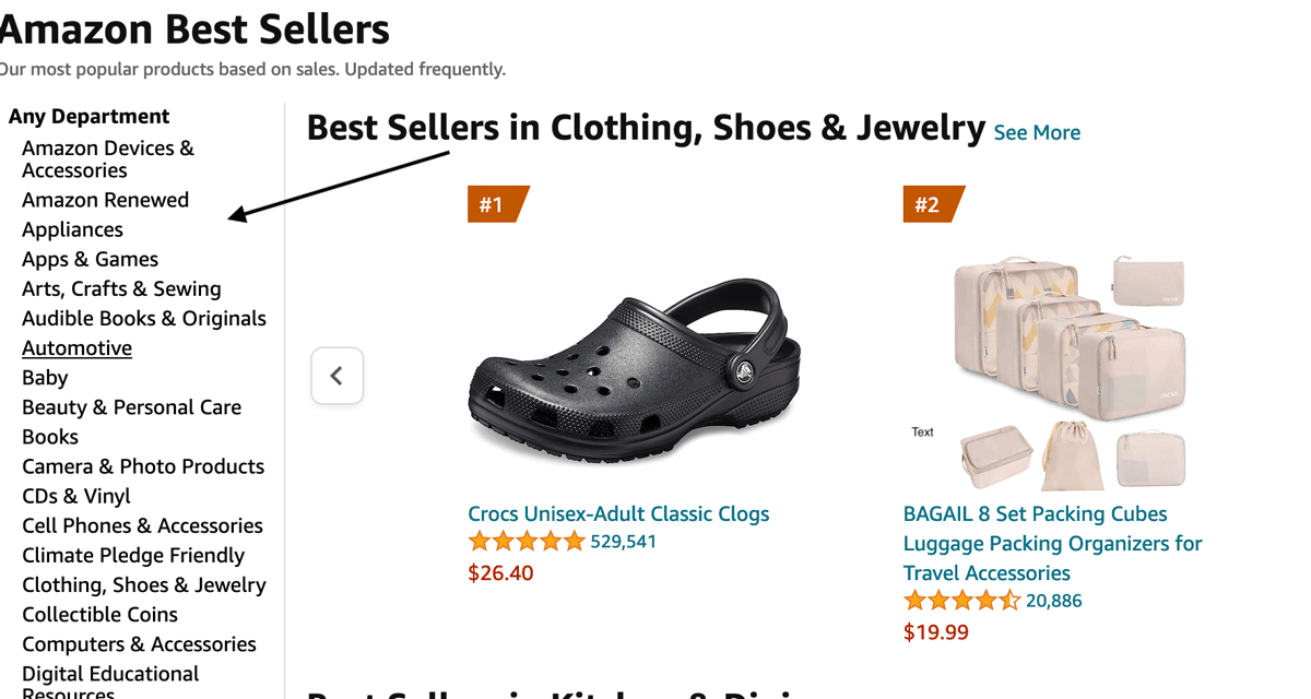 Arrow pointing to the departments menu on the Amazon Best Sellers list