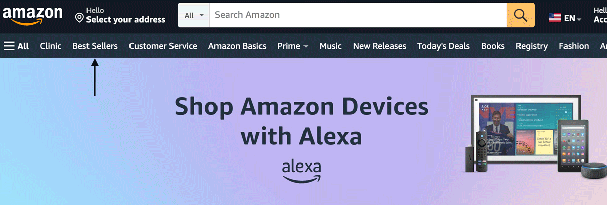 Arrow pointing to Best Sellers menu on Amazon.com