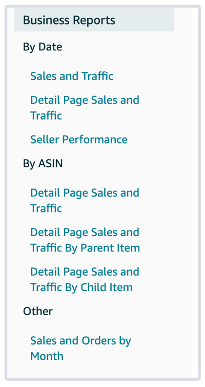 Business reports menu in Amazon Seller Central