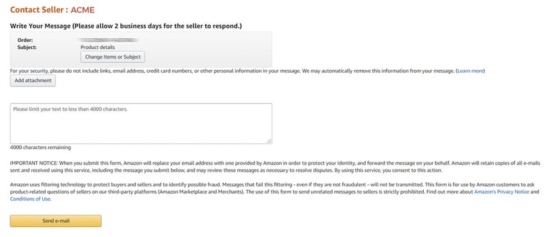 Amazon contact seller form with option to add attachment and write message up to 4,000 characters