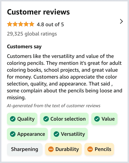 Amazon Customer Review Highlights with product attributes