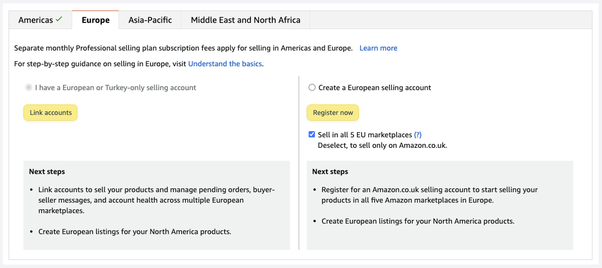 Amazon Europe registration page in Seller Central