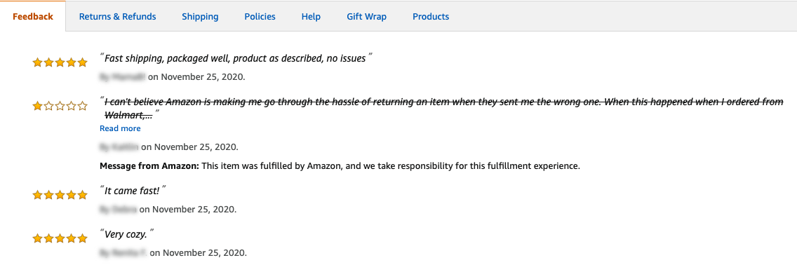 Feedback tab on an Amazon seller profile