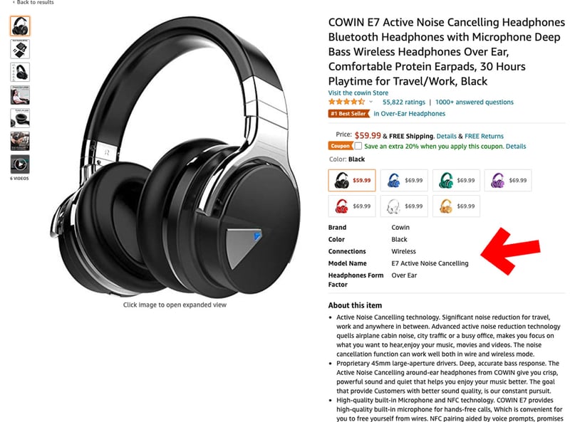 Amazon product detail page for a pair of noise cancelling headphones