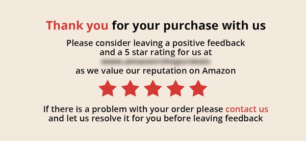 Amazon product insert asking for positive feedback