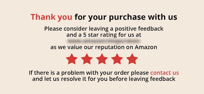 Non-compliant Amazon product insert with five stars