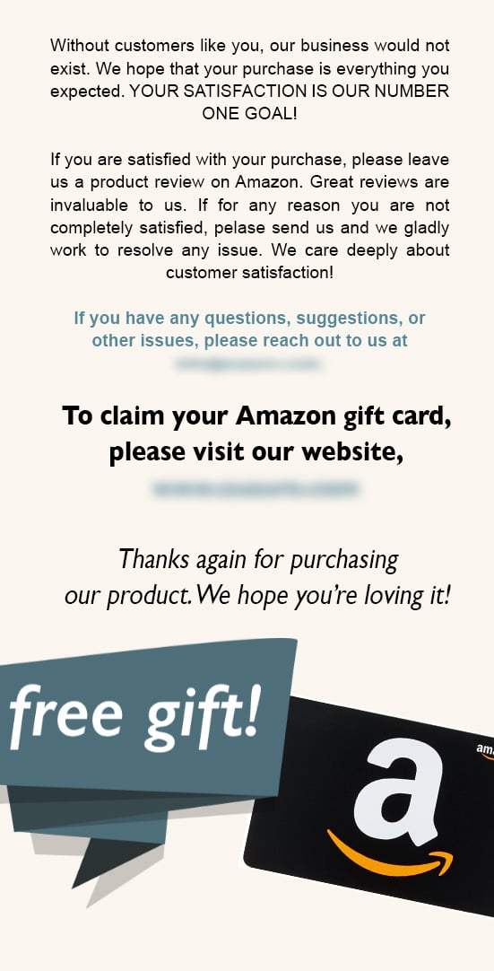 Amazon product insert asking for review with free gift