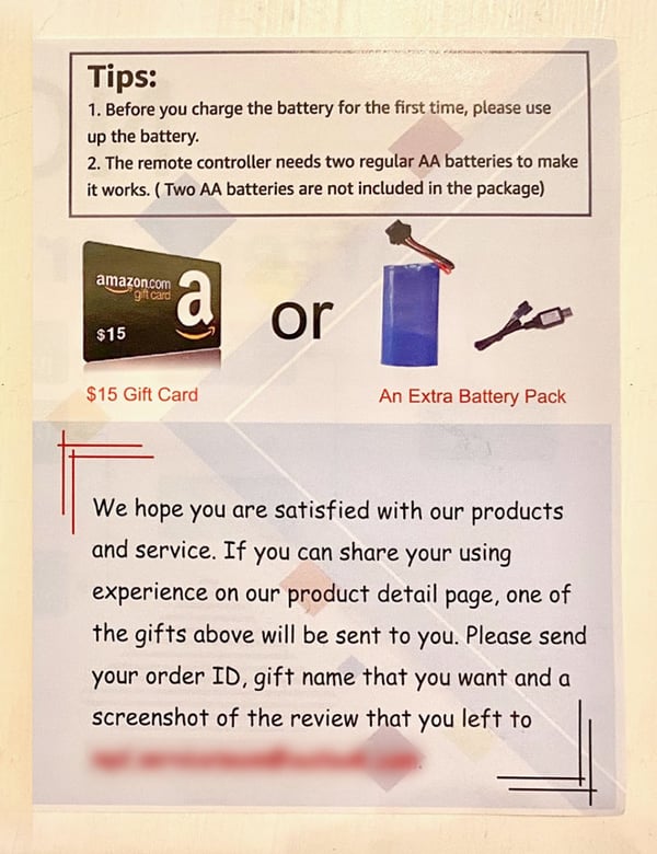 Amazon product insert with free gift for review