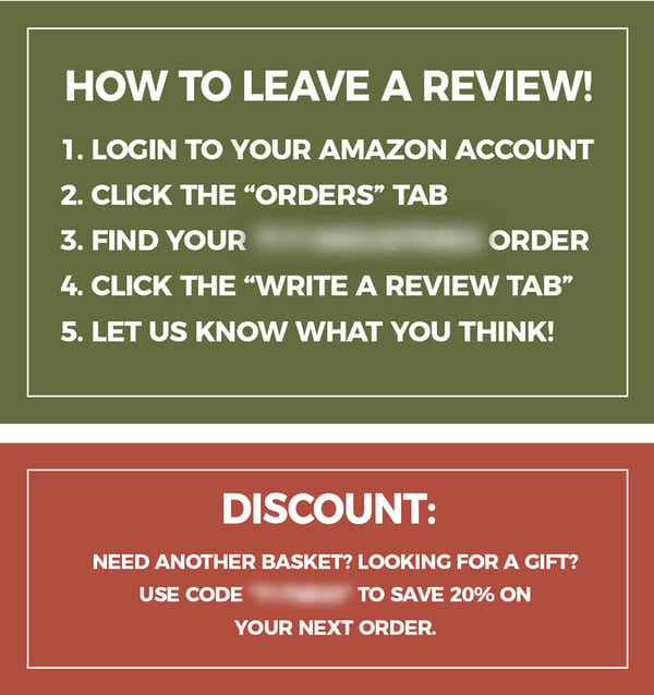 Amazon product insert offering discount with review instructions
