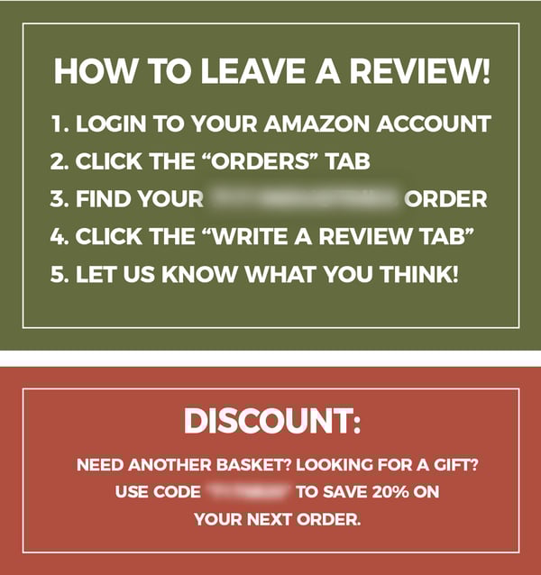 Amazon product insert offering discount with review instructions