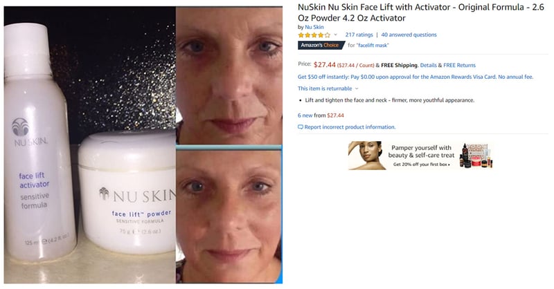 Screenshot of Amazon product listing example for facelift mask
