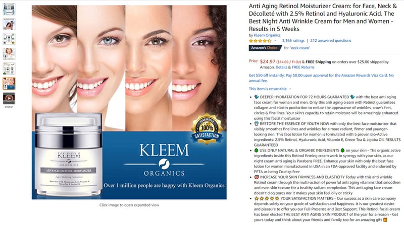 Screenshot of Amazon product listing example for neck cream