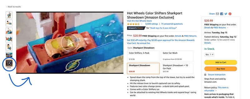 Screenshot of a listing showing Amazon product video placement