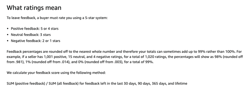 Amazon's explanation of ratings on the About Feedback Manager page