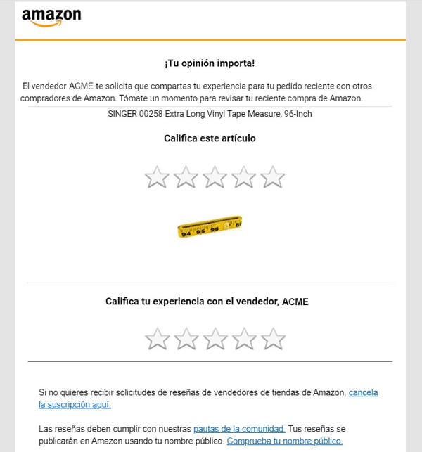 Amazon Request a Review email in Spanish
