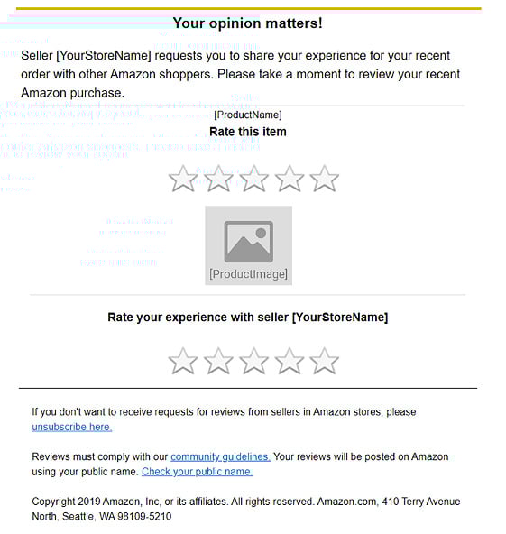 Amazon Request a Review email example