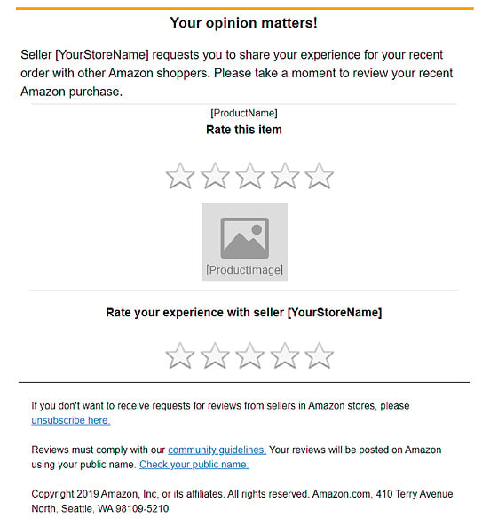 Amazon Request a Review email example