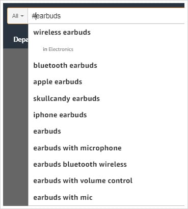 Amazon search for "earbuds"