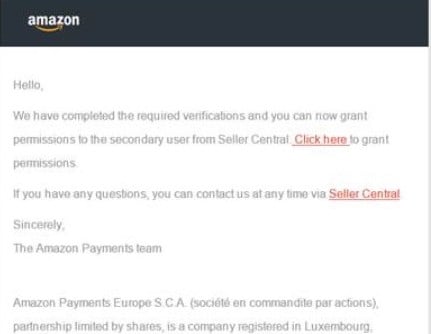 Amazon email confirming the granting of permissions for secondary users