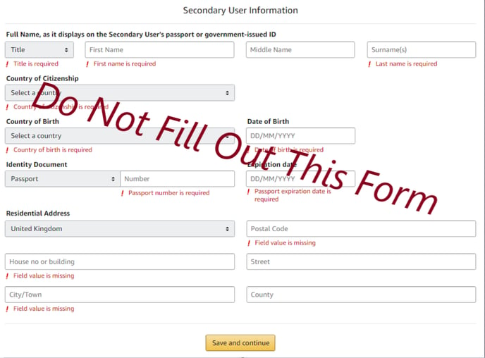 Amazon secondary user information form
