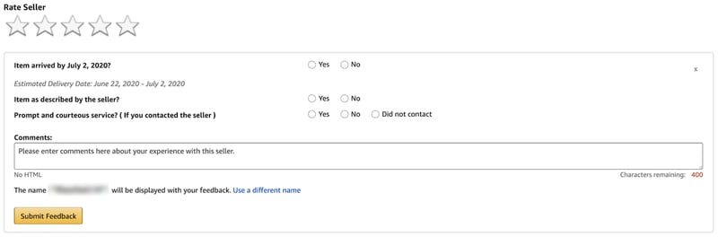 Amazon seller feedback form for an FBM order