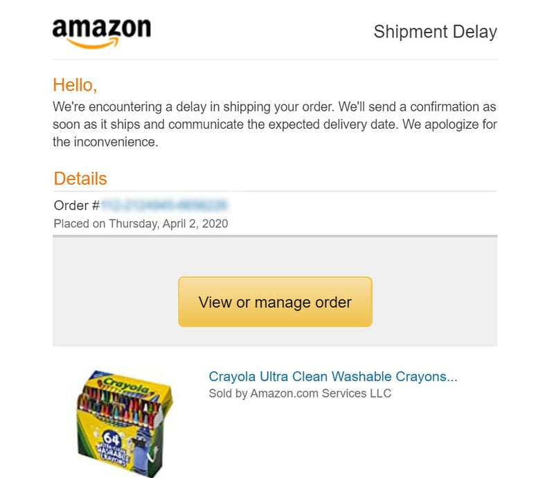 Amazon shipment delay notification email