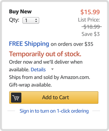 Amazon temporarily out of stock message on the Featured Offer