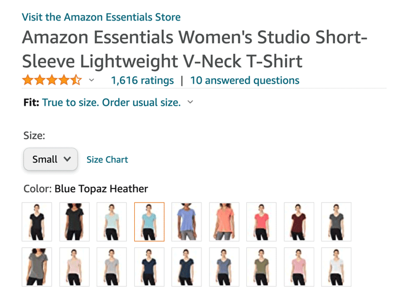 Amazon product listing showing color variations for a t-shirt