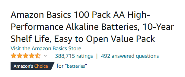Amazon detail page for batteries with Amazon's Choice badge