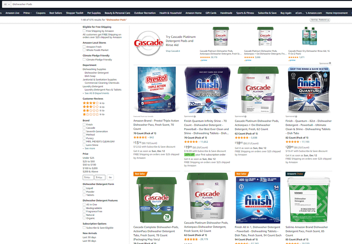 Amazon search results for dishwasher pods