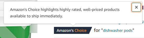 Amazon's Choice badge with hover text