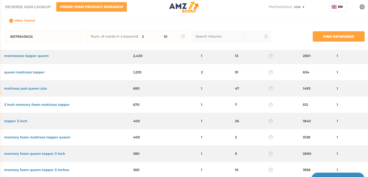 Search query in AMZScout's Reverse ASIN Lookup tool