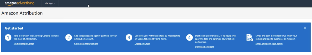 Get started window with instructions for using the Amazon Attribution console