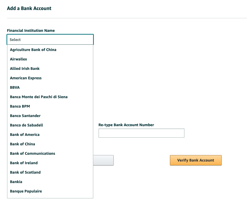 Add a bank account window for creating an Amazon seller account
