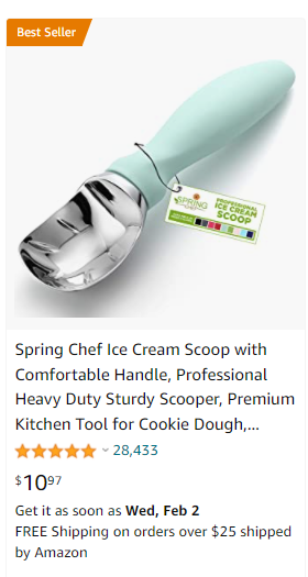 Amazon product listing for ice cream scoop
