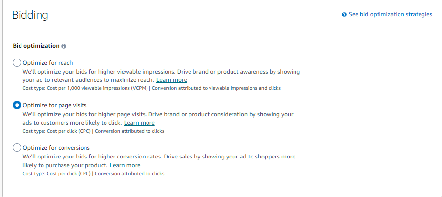 Bid optimization options in the Amazon Advertising console